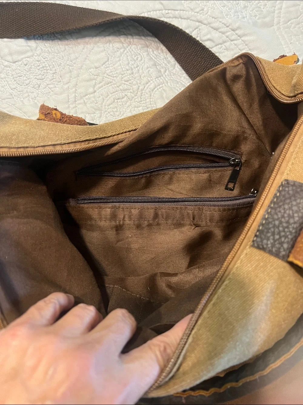Canvas and Leather-Trim Hobo Bag in Brown
